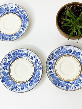 Blue Willow - Blue and White Porcelain Dessert Plates with Gold Trim - Set Of 3